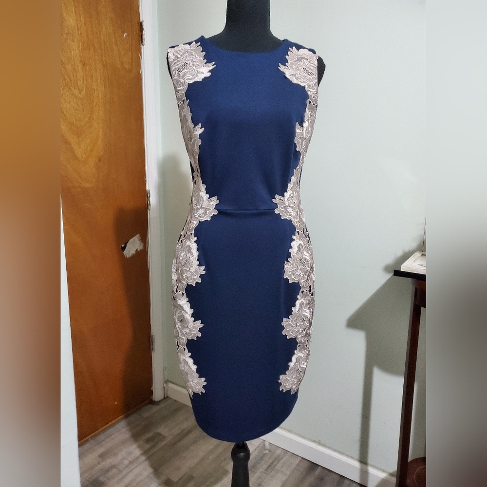 FIFTH & PARK Navy Sheath Size 6 Cream Lace Appliqué Bodycon Cocktail Wedding